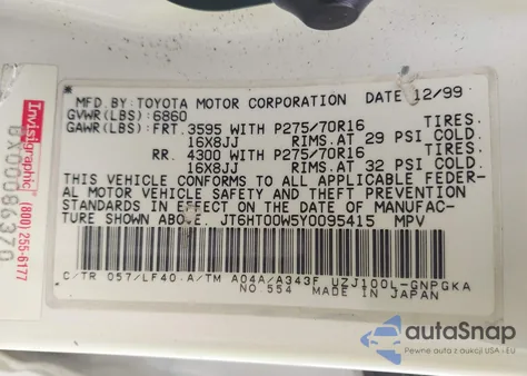 2000 Lexus Lx 470 из США, поврежденный, VIN JT6HT00W5Y0095415